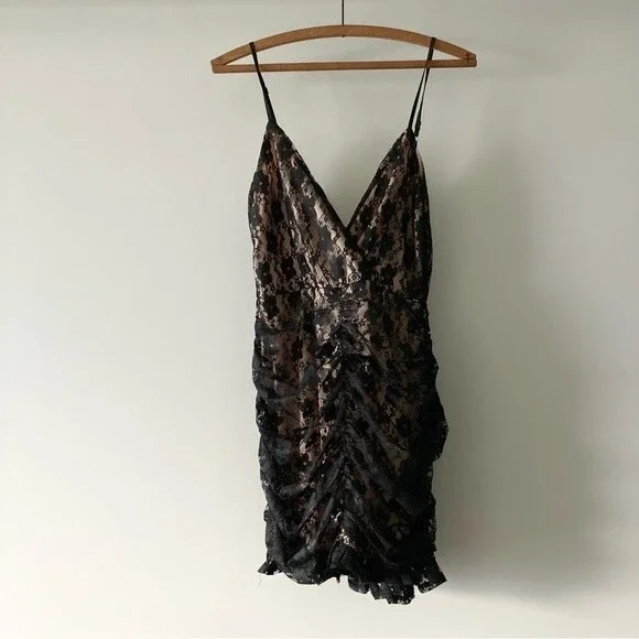 NWT Lulus Frilled to Be Here Ruched Lace Minidress Black Lace Party Dress M - Picture 3 of 6